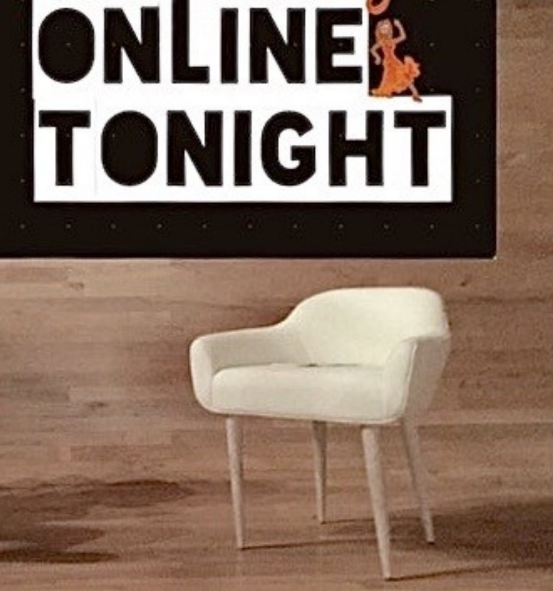 An empty white chair in front of an Online Tonight sign