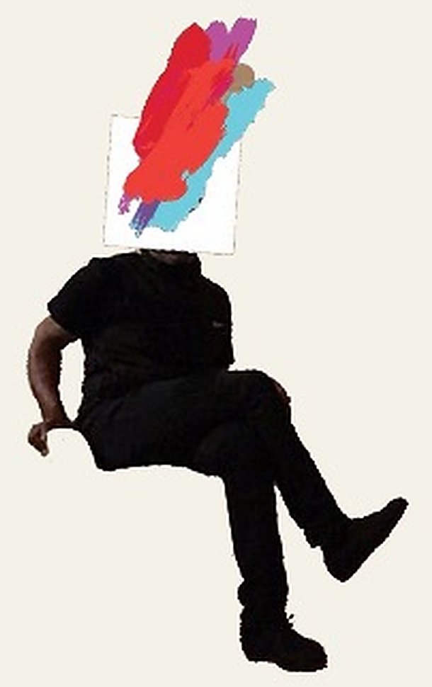 A seated figure whose head is covered by a painted canvas