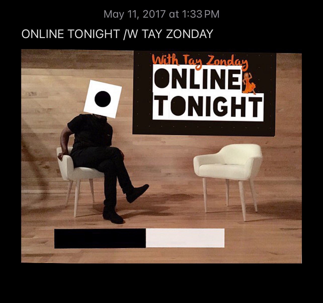 A 2017 image titled Online Tonight with Tay Zonday, showing the set with two chairs